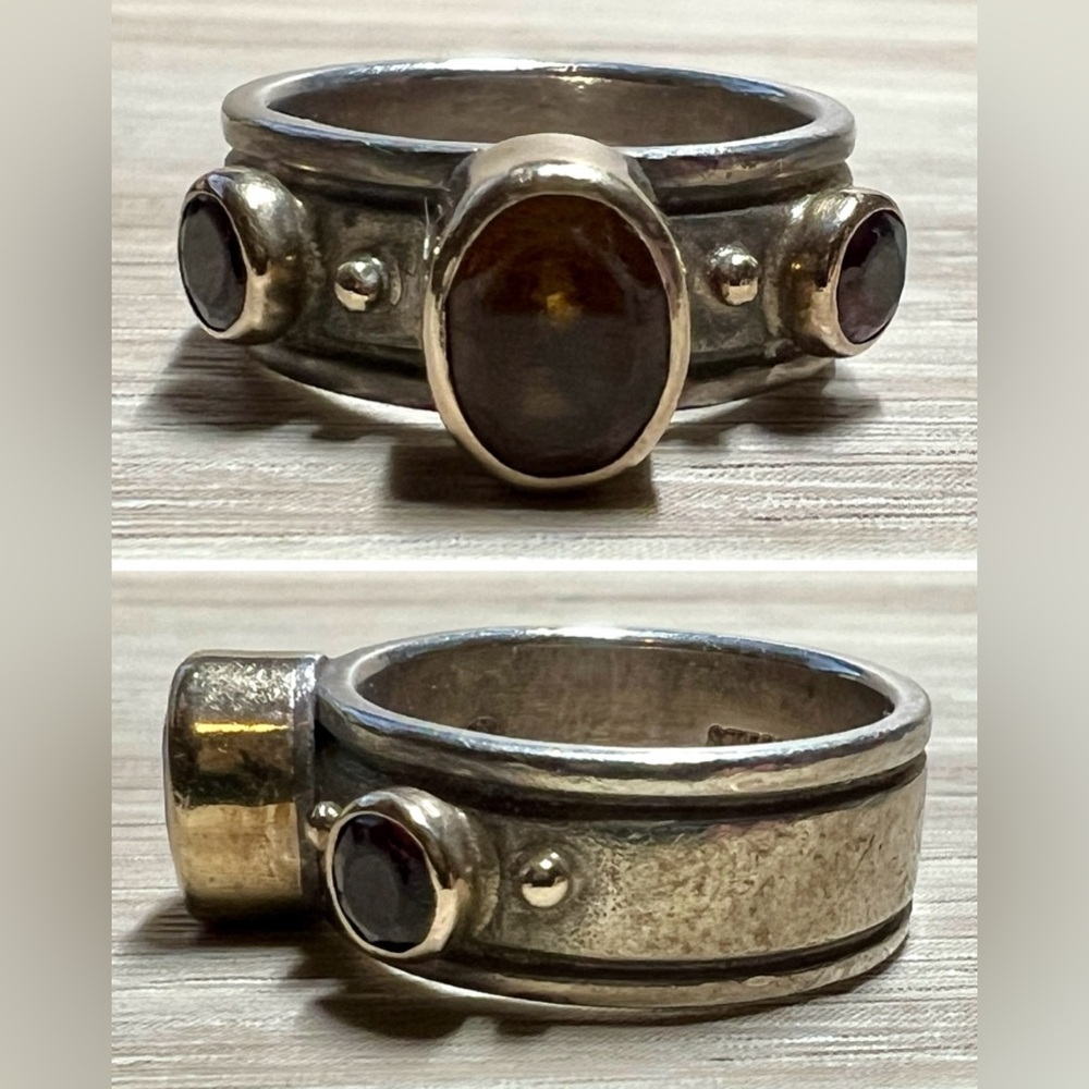 Vintage Designer R.M. Sterling Ring & 14k Gold Amber Citrine Band Ring, Size 5